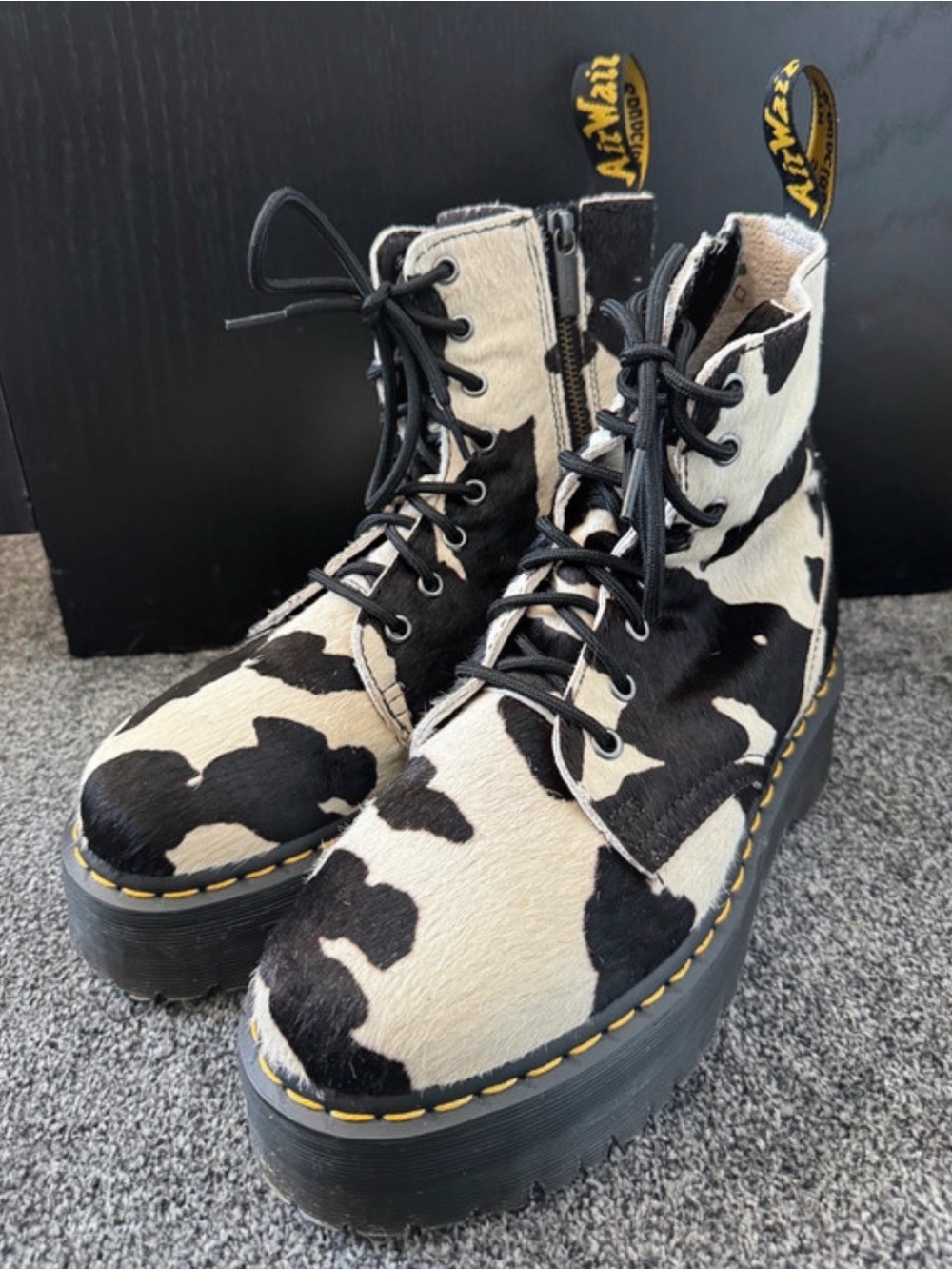 Dr. Martens Black & Cream Cow-Print Platform Lace-Up Boots